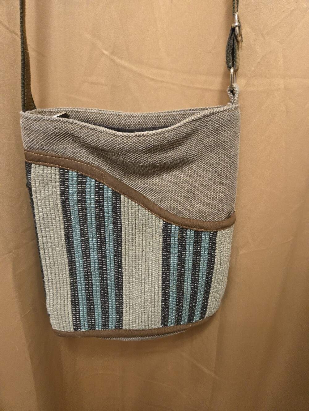 Woven Stripe Canvas Crossbody Bag in Taupe and Teal